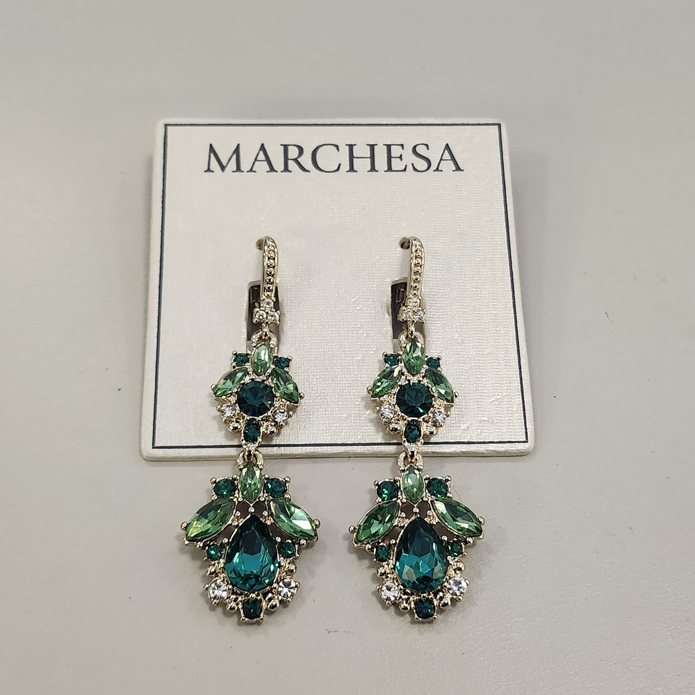 NWT Marchesa Gold-Tone Green Glass Stone Drop Earrings